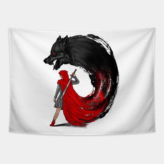 Shadows of the Woods: Little Red Riding Hood and the Sinister Wolf's Haunting Encounter Tapestry by Holymayo Tee