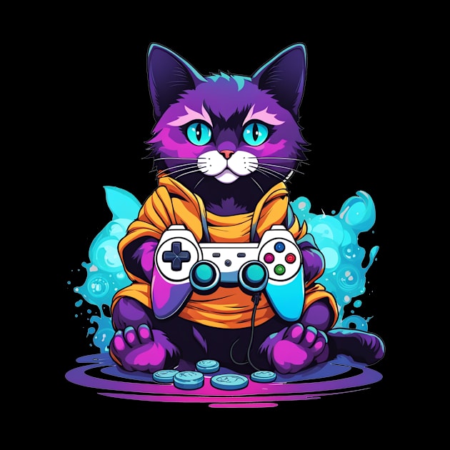 Gamer cat anime style colorful kitty by Edgi