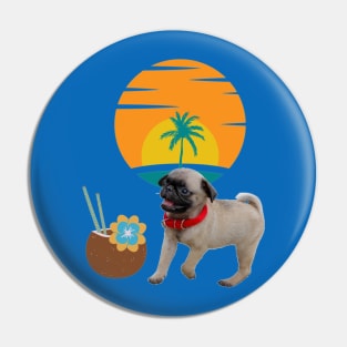 Tiny dog , coco drink and palm tree on sunset background . Pin