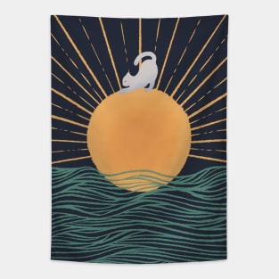 Yoga Cat on Sunrise ocean wave II Tapestry