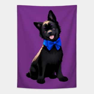 Black Puppy with Blue bow Tapestry