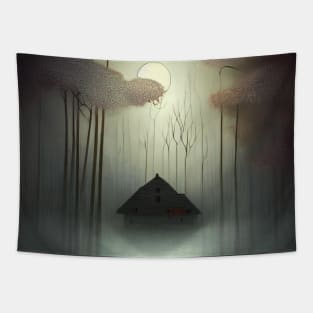 Wooden House In The River At Fullmoon Tapestry