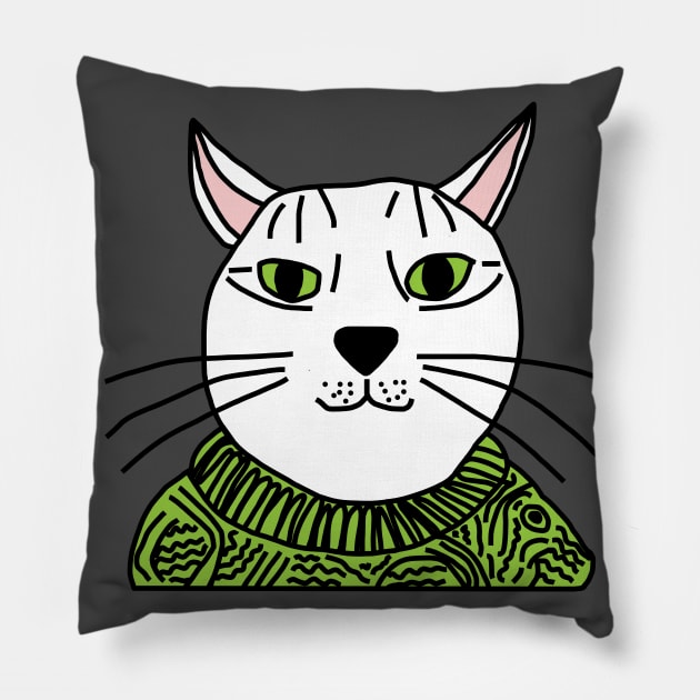 Portrait of Green Sweater Cat Pillow by ellenhenryart