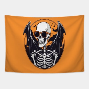 Halloween Skeleton with Bats Flying Around Tapestry