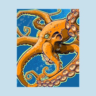 Tangerine Octopus on Blue Background T-Shirt