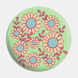 Retro 70s daisy flowers botanical design in green, pink and blue Pin