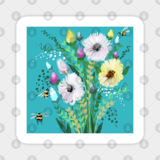 Turquoise flower Meadow Magnet by Hyssopartz