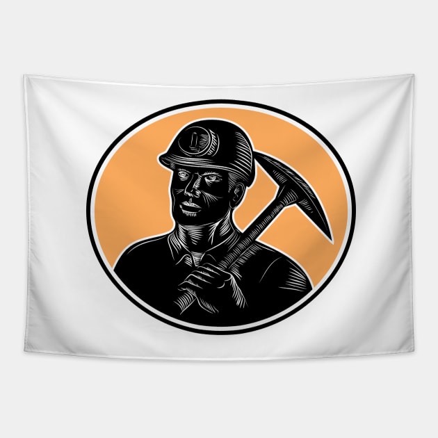 Coal Miner Carry Pick Axe Woodcut Tapestry by retrovectors