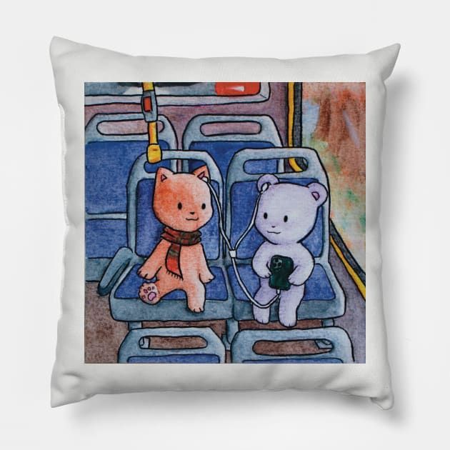 kitten and teddy bear listening to music in the bus illustration Pillow by maoudraw