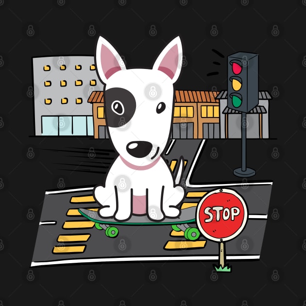 Funny bull terrier is on a skateboard by Pet Station