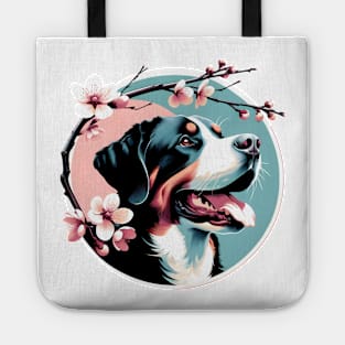 Joyful Greater Swiss Mountain Dog with Spring Cherry Blossoms Tote