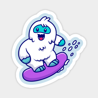 Cute Yeti Surfing In The Snow Cartoon Magnet