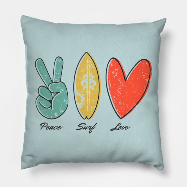 Peace, Surf, Love, finger peace sign, surfboard, Heart Ribbon Pillow by Yurko_shop