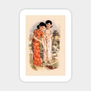 Two Beautiful Ladies Playing Golf Wall Decor Vintage Chinese Art Magnet