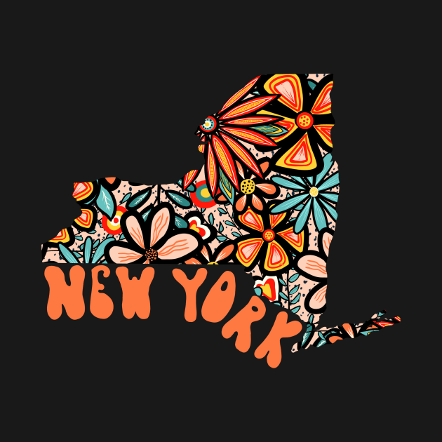 New York State Design | Artist Designed Illustration Featuring New York State Outline Filled With Retro Flowers with Retro Hand-Lettering by MarcyBrennanArt