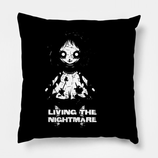 Creepy Scary Doll Living The Nightmare October 31st Horror Pillow by Outrageous Flavors