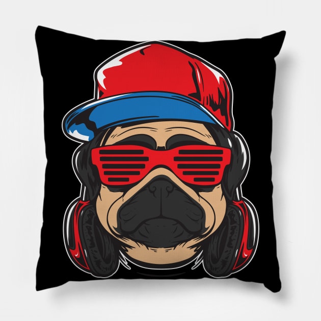 cute pug dog with glasses and headphone Pillow by sharukhdesign