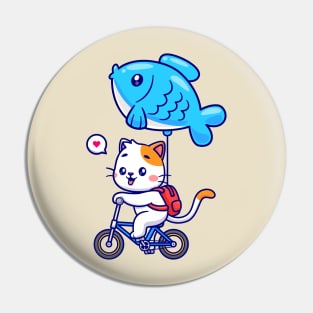 Cute Cat Riding Bicycle With Fish Balloon Cartoon Pin