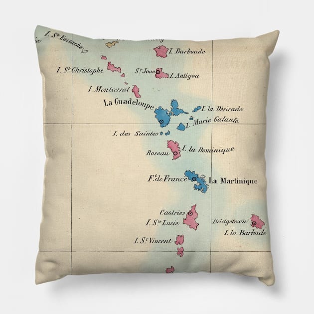 Old Lesser Antilles Map (1844) Vintage Caribbean & West Indies Islands Atlas Pillow by Bravuramedia