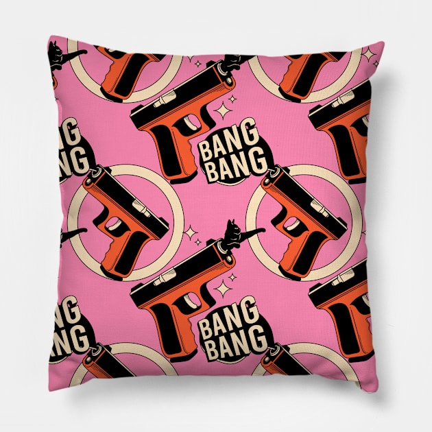 Bang Bang Black Cat Pattern in pink Pillow by The Charcoal Cat Co.