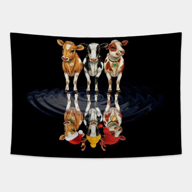 Cow Reindeer Hat Santa Christmas Lights Funny Cow Christmas Tapestry by reginaturner