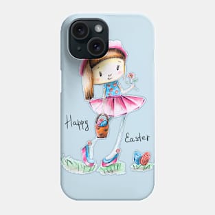 Cute girl in skirt and cap with basket of eggs Phone Case