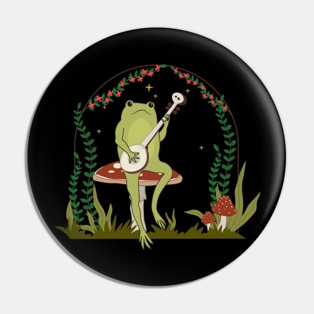 Cottagecore Aesthetic Cute Funny Frog Playing Banjo Mushroom Pin by kalponik