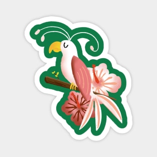White and Pink Tropical Bird with Hibiscus Flowers Magnet