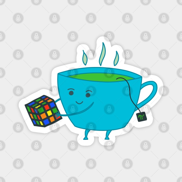 A Cup of Tea Solves Everything - cute blue tea cup with Rubik cube Magnet by Green Paladin