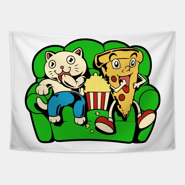 Cat and pizza eating popcorn Tapestry by Modern Medieval Design