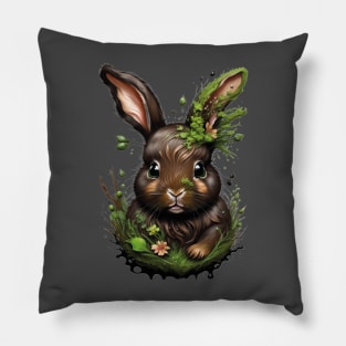 Mystical Whispers: Surrealistic Art Design of a Rabbit with Moss and Plants Pillow