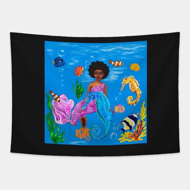 Mermaid and fish - Coco the Magical rainbow mermaid with brown eyes,  Afro hair in and caramel brown skin Tapestry by Artonmytee