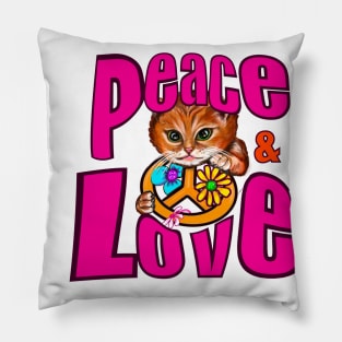 Peace and love peace sign flower child hippie cat Pillow
