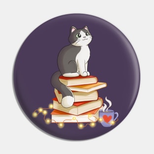 Cat Sitting On Books Pin