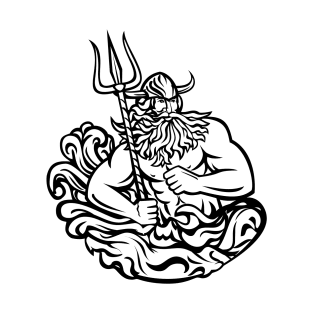 Aegir Hler or Gymir God of Sea in Norse Mythology with Trident and Waves Mascot Black and White Retro T-Shirt