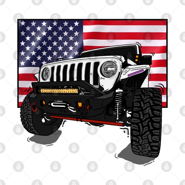 Jeep with American Flag - White Essential by 4x4 Sketch