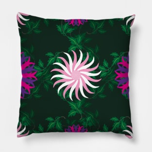 White, Pink, Cerise and Purple Flowers on a Vine Leaves and Forest Green background Pillow