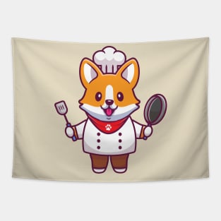 Cute Corgi Chef With Frying Pan And Spatula Tapestry