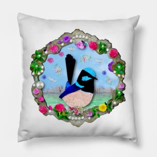 Blue Fairy Wren on Victorian Styled Image and Frame Pillow