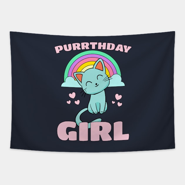 Purrthday Girl - Cute Kitty Cat Hearts & Rainbow Tapestry by PozureTees108