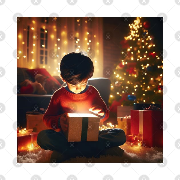 Young child opening a wondrous glowing gift on Christmas morning generative ai by clearviewstock