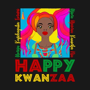 Happy Kwanzaa And Pretty African American Woman Female Drawing T-Shirt