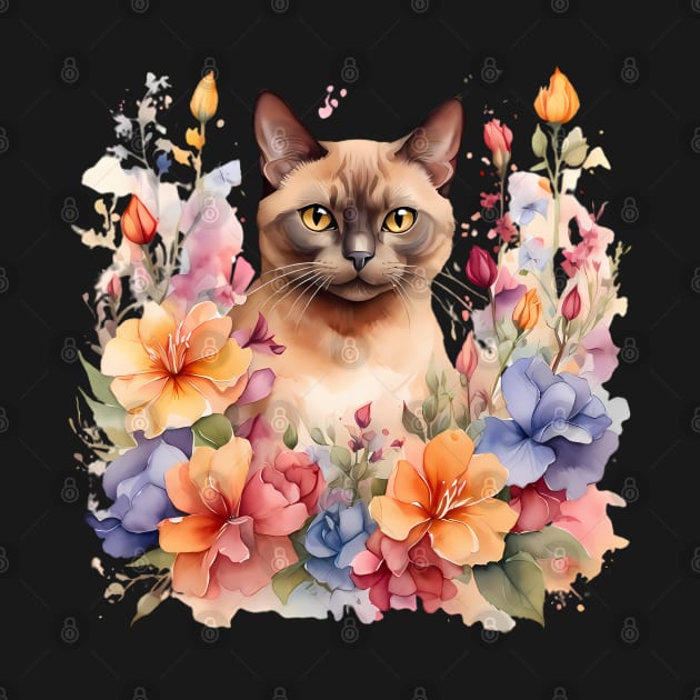 A burmese cat decorated with beautiful watercolor flowers by CreativeSparkzz