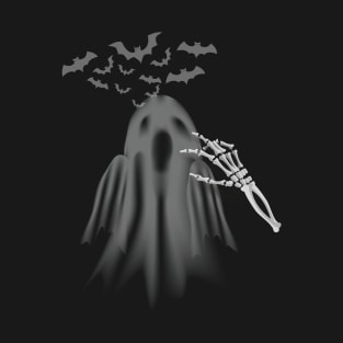 Halloween Black Tee, Ghost with Skeleton , Bats in the Background T-Shirt