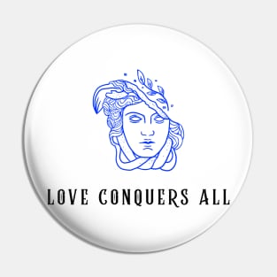 woman statue with poetry phrase "Love conquers all" Pin