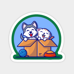 Cute Husky Dog With Cat in Box Cartoon Vector Icon Illustration Magnet