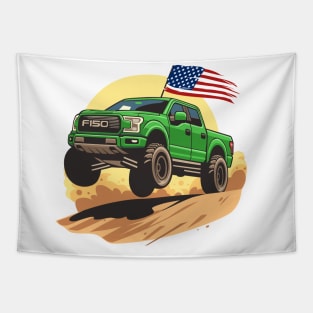 F150 car truck offroad jump on desert green Tapestry