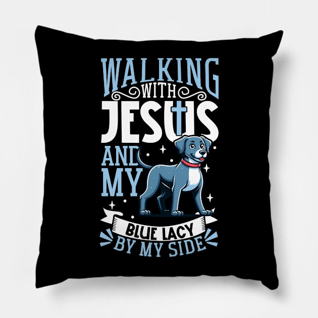 Jesus and dog - Blue Lacy Pillow by Modern Medieval Design