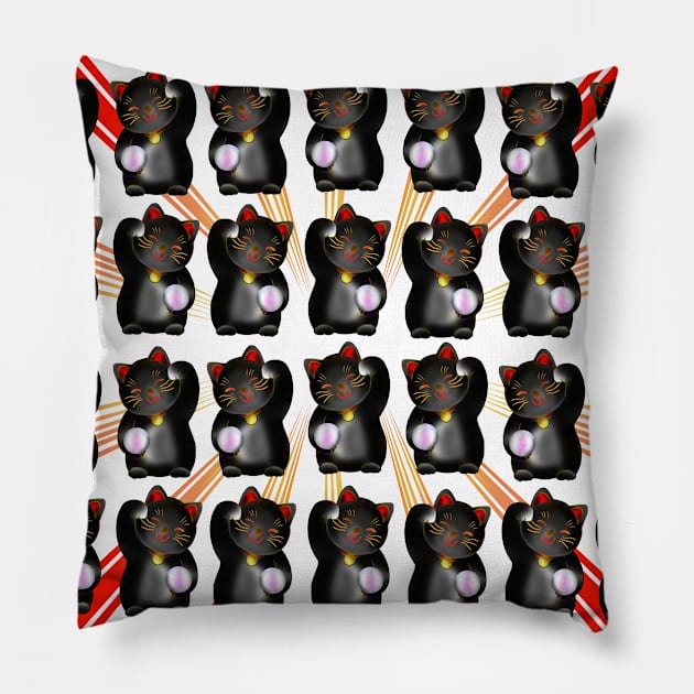 Lucky cat, black maneki, pattern Pillow by cuisinecat