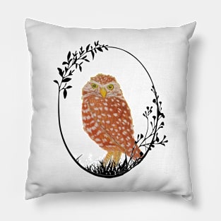 Brown and White Spotted Owl in an Oval Botanical Wreath Pillow